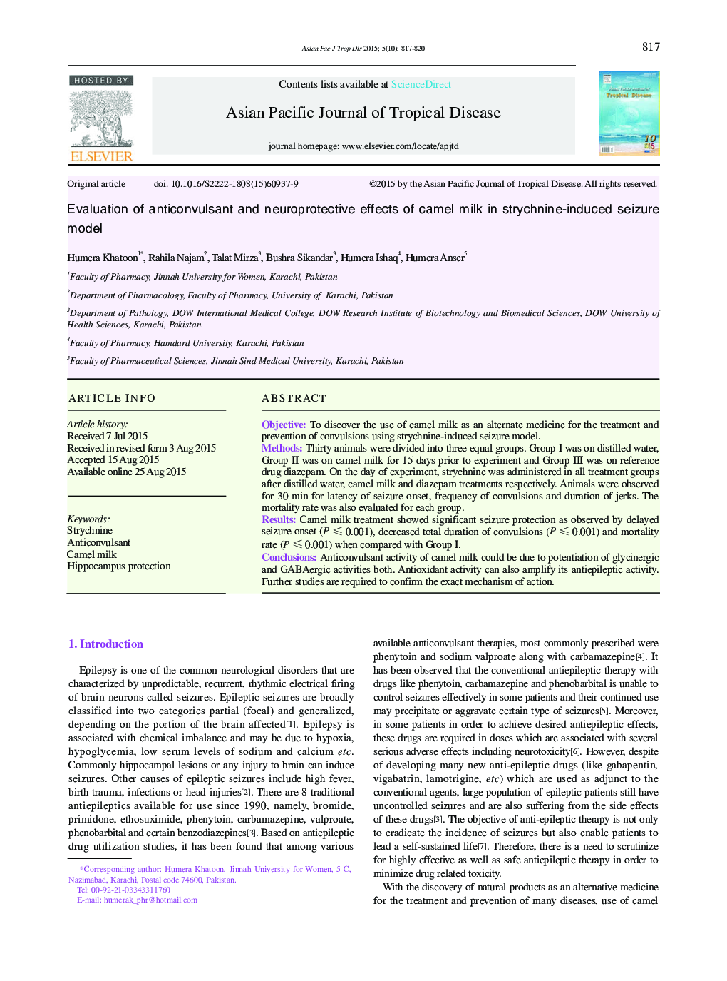 Evaluation of anticonvulsant and neuroprotective effects of camel milk in strychnine-induced seizure model 