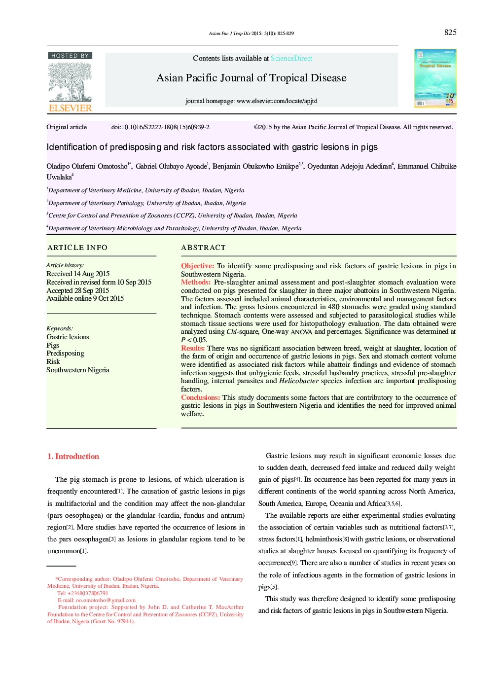 Identification of predisposing and risk factors associated with gastric lesions in pigs 
