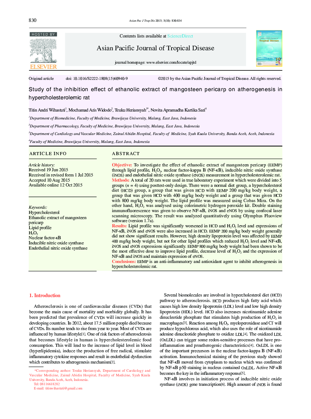 Study of the inhibition effect of ethanolic extract of mangosteen pericarp on atherogenesis in hypercholesterolemic rat 