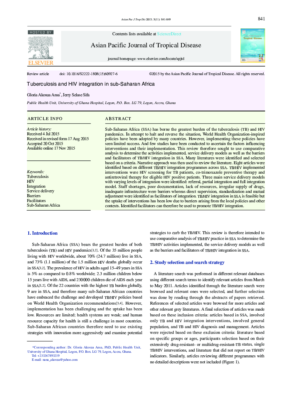 Tuberculosis and HIV integration in sub-Saharan Africa 