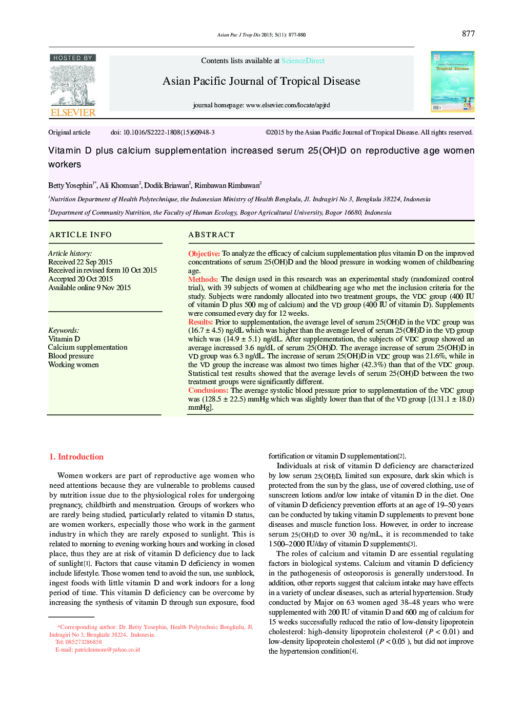 Vitamin D plus calcium supplementation increased serum 25(OH)D on reproductive age women workers 