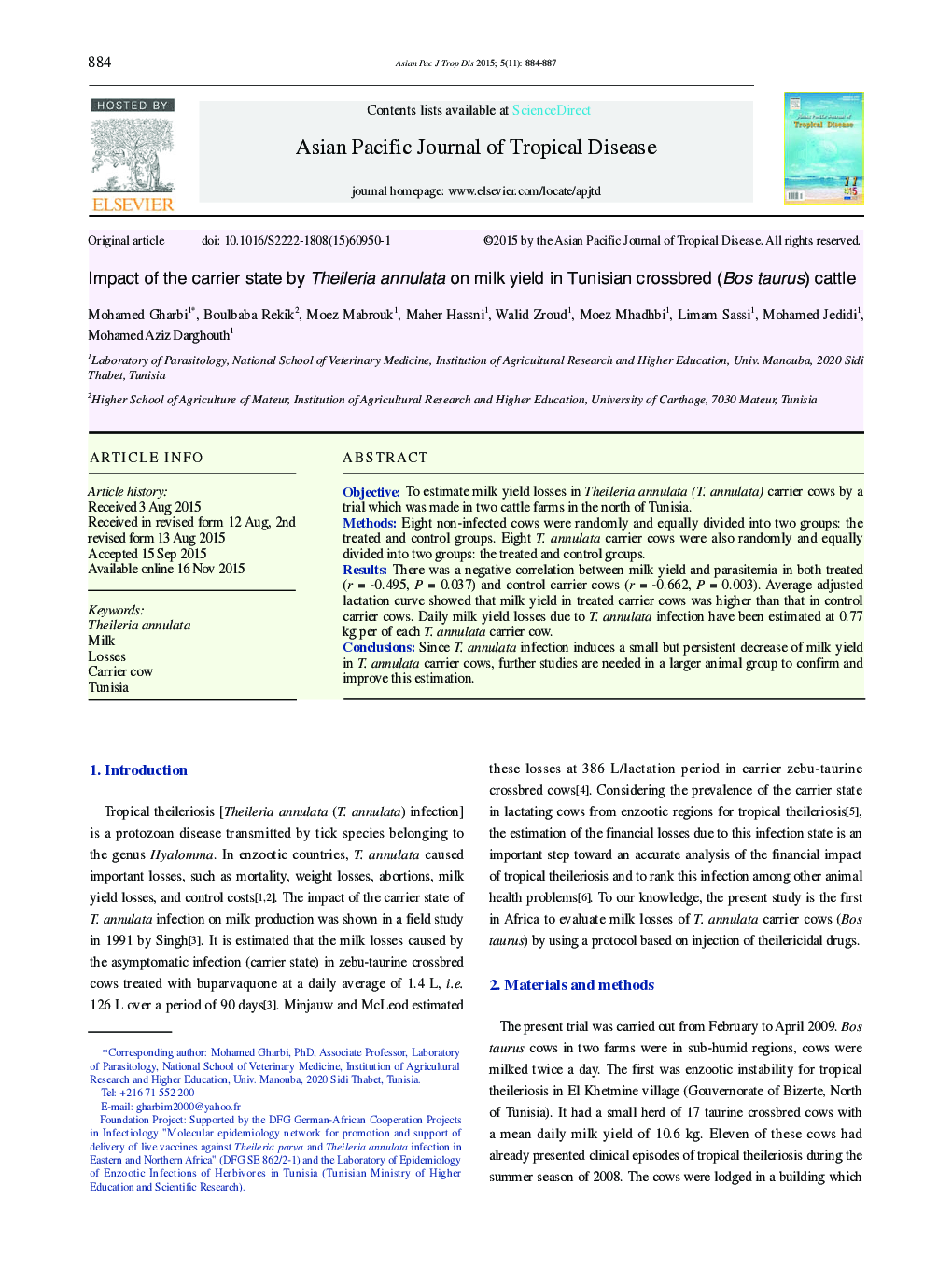 Impact of the carrier state by Theileria annulata on milk yield in Tunisian crossbred (Bos taurus) cattle 