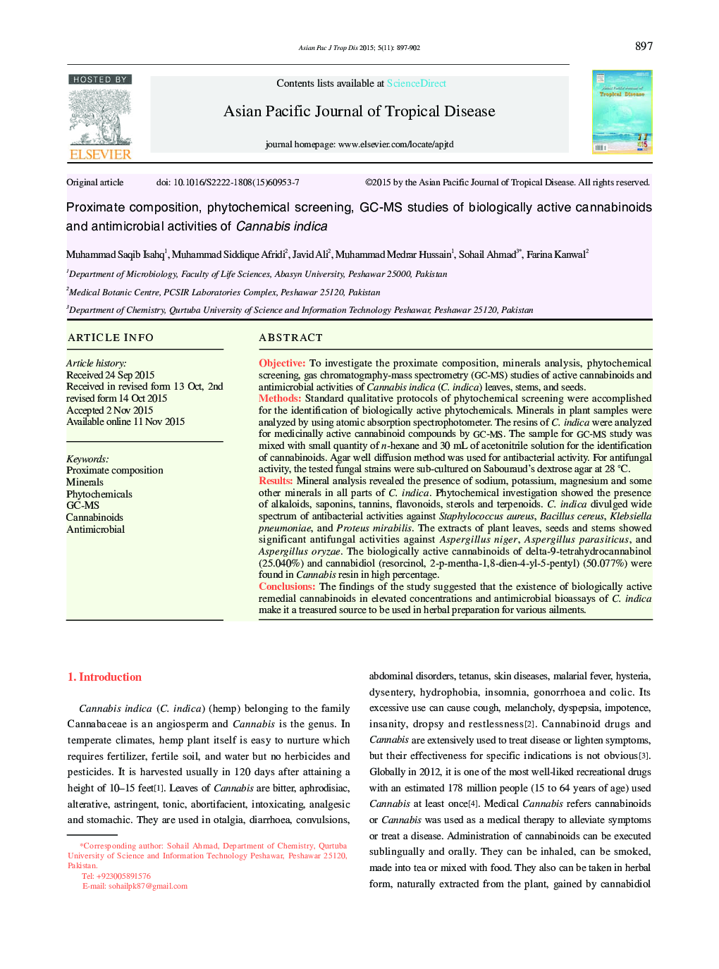 Proximate composition, phytochemical screening, GC-MS studies of biologically active cannabinoids and antimicrobial activities of Cannabis indica 