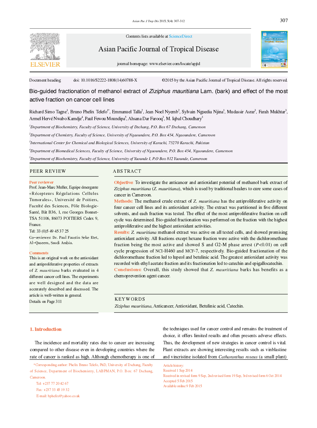 Bio-guided fractionation of methanol extract of Ziziphus mauritiana Lam. (bark) and effect of the most active fraction on cancer cell lines