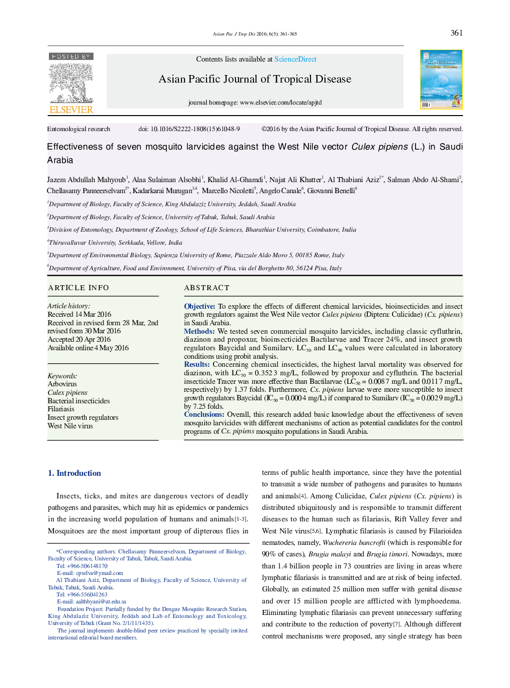 Effectiveness of seven mosquito larvicides against the West Nile vector Culex pipiens (L.) in Saudi Arabia 