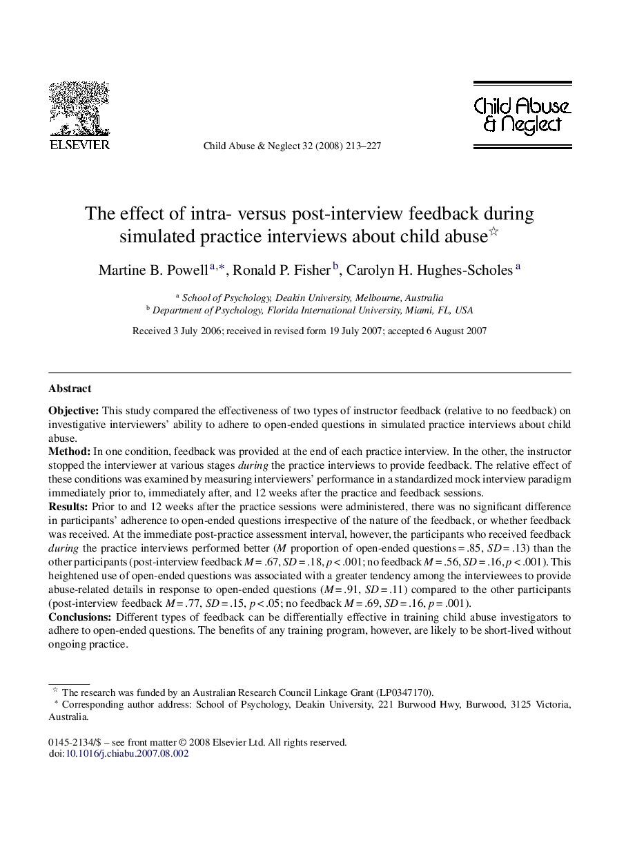 The effect of intra- versus post-interview feedback during simulated practice interviews about child abuse 