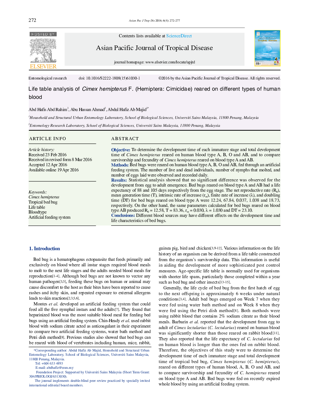 Life table analysis of Cimex hemipterus F. (Hemiptera: Cimicidae) reared on different types of human blood 