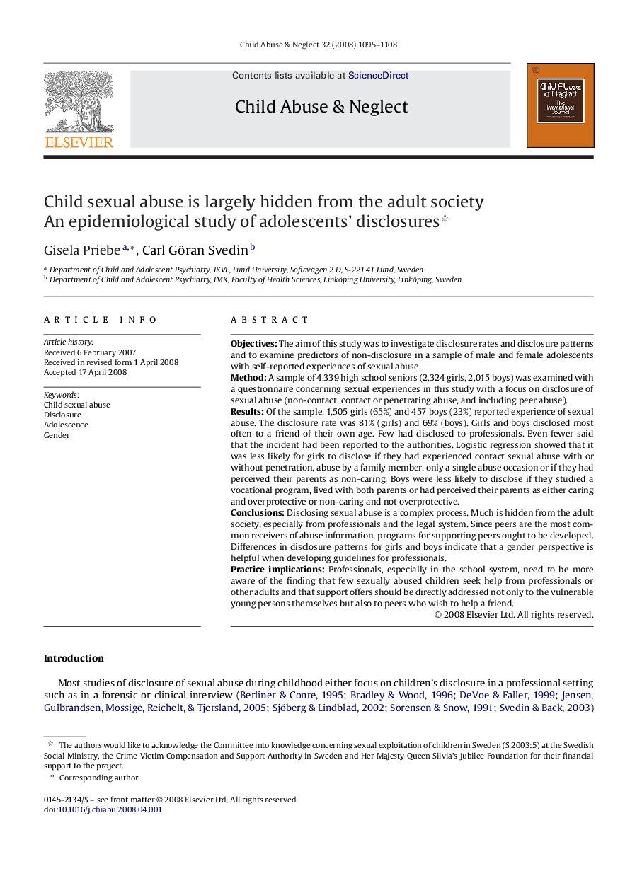 Child sexual abuse is largely hidden from the adult society : An epidemiological study of adolescents’ disclosures