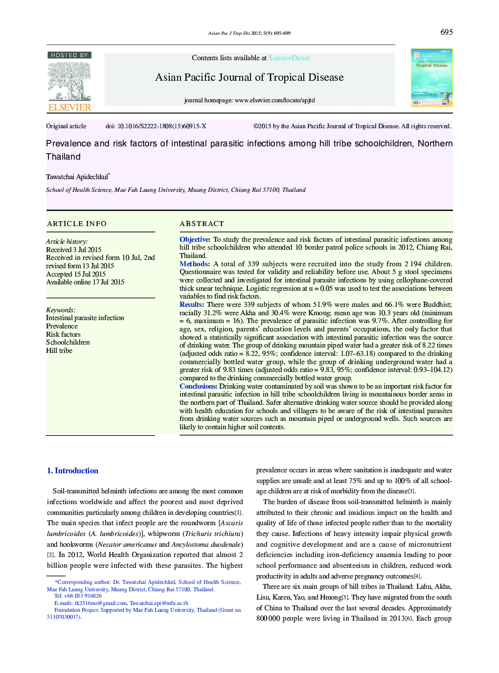 Prevalence and risk factors of intestinal parasitic infections among hill tribe schoolchildren, Northern Thailand 