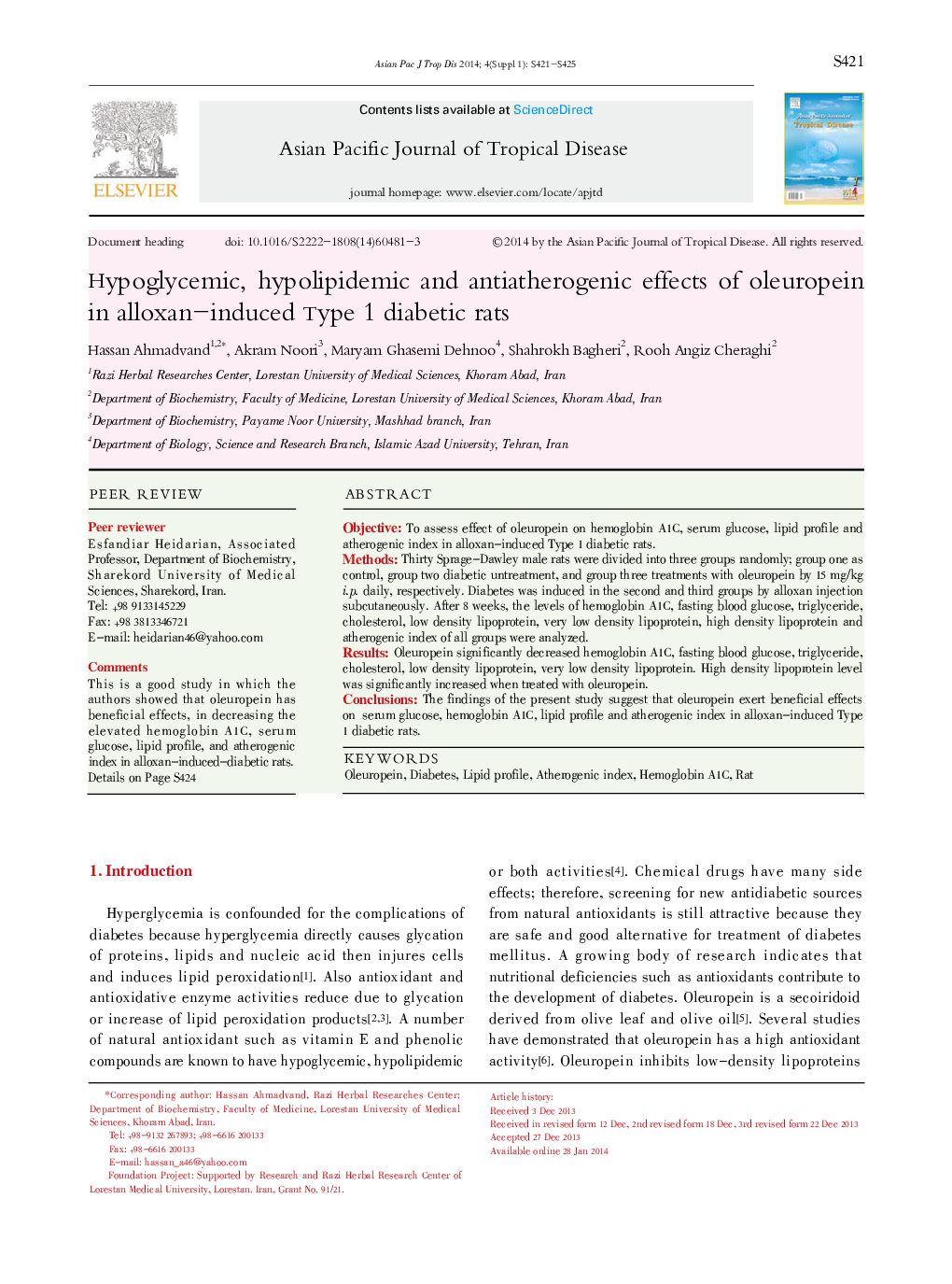 Hypoglycemic, hypolipidemic and antiatherogenic effects of oleuropein in alloxan-induced Type 1 diabetic rats 