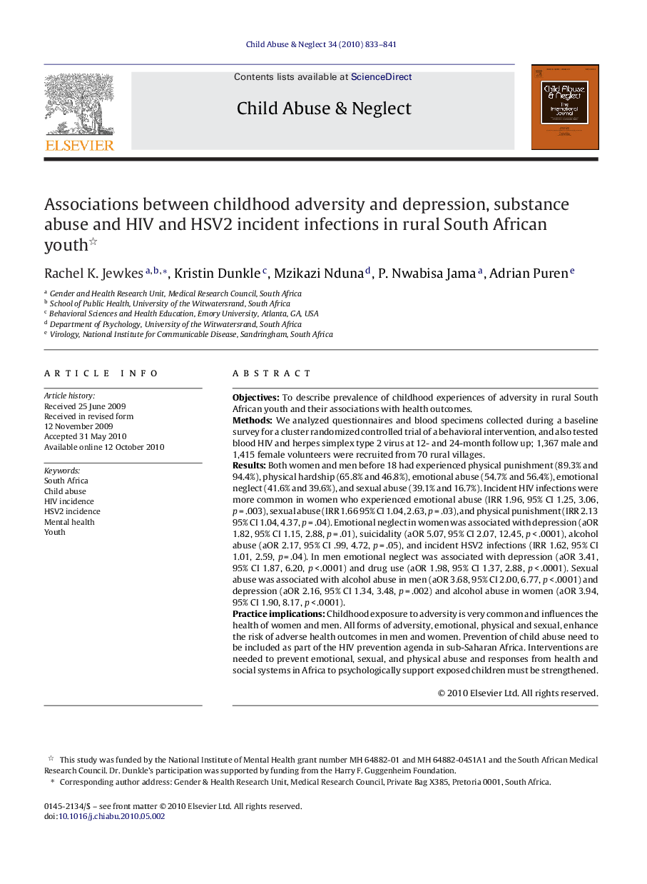 Associations between childhood adversity and depression, substance abuse and HIV and HSV2 incident infections in rural South African youth 