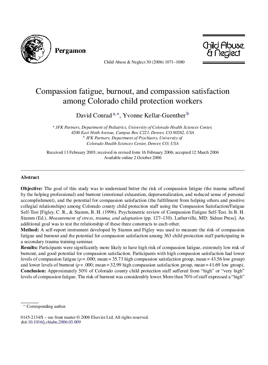 Compassion fatigue, burnout, and compassion satisfaction among Colorado child protection workers