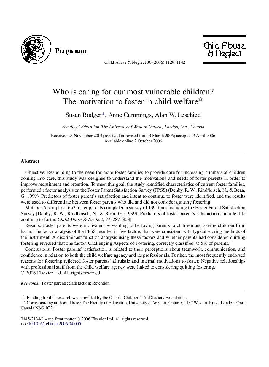 Who is caring for our most vulnerable children? : The motivation to foster in child welfare