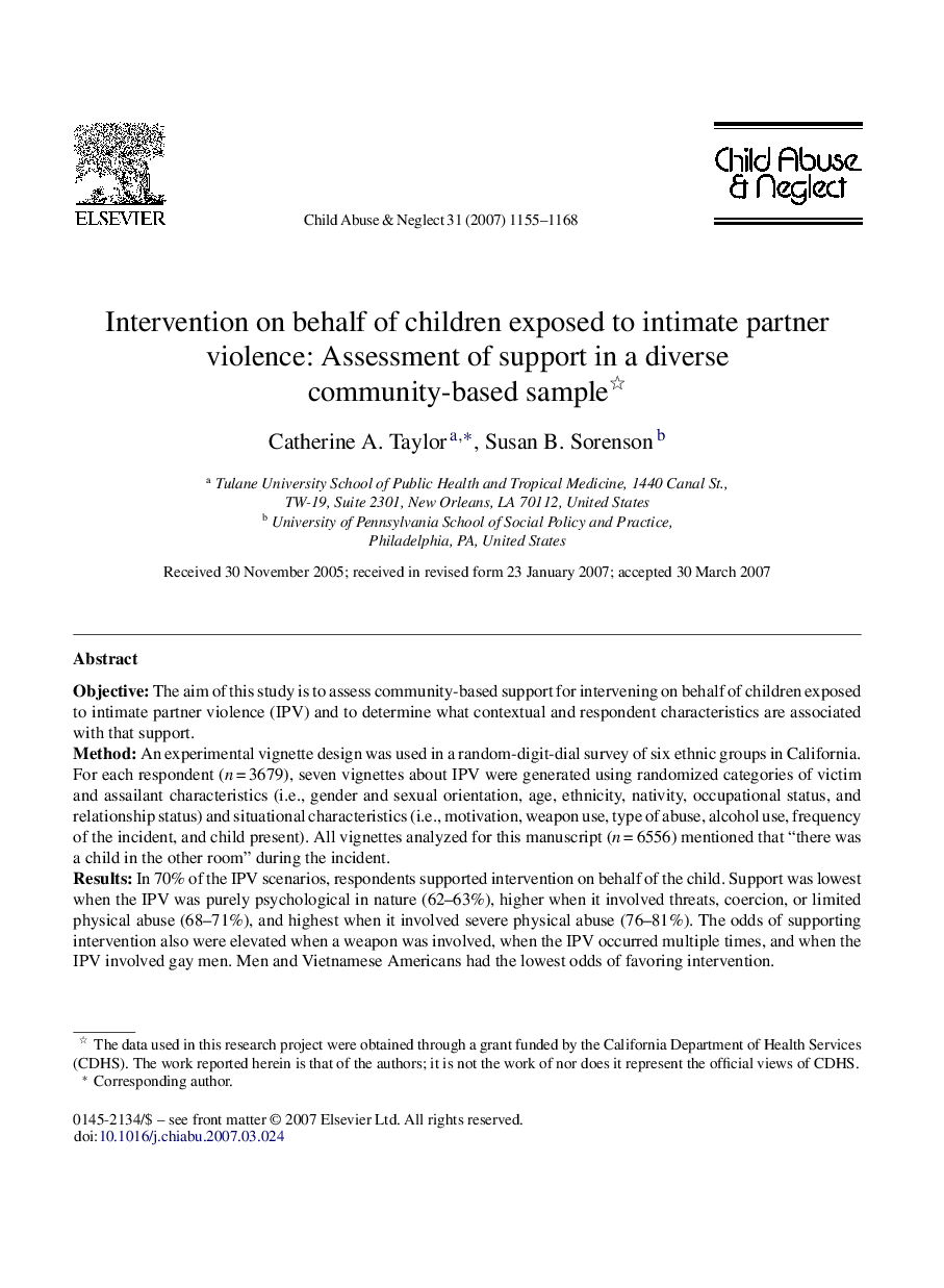 Intervention on behalf of children exposed to intimate partner violence: Assessment of support in a diverse community-based sample 