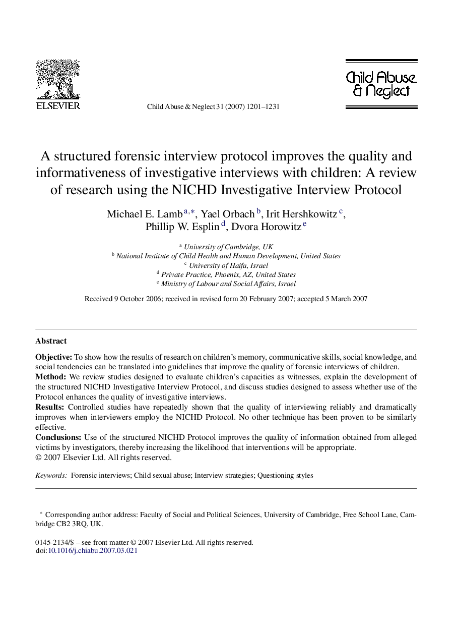 A structured forensic interview protocol improves the quality and informativeness of investigative interviews with children: A review of research using the NICHD Investigative Interview Protocol