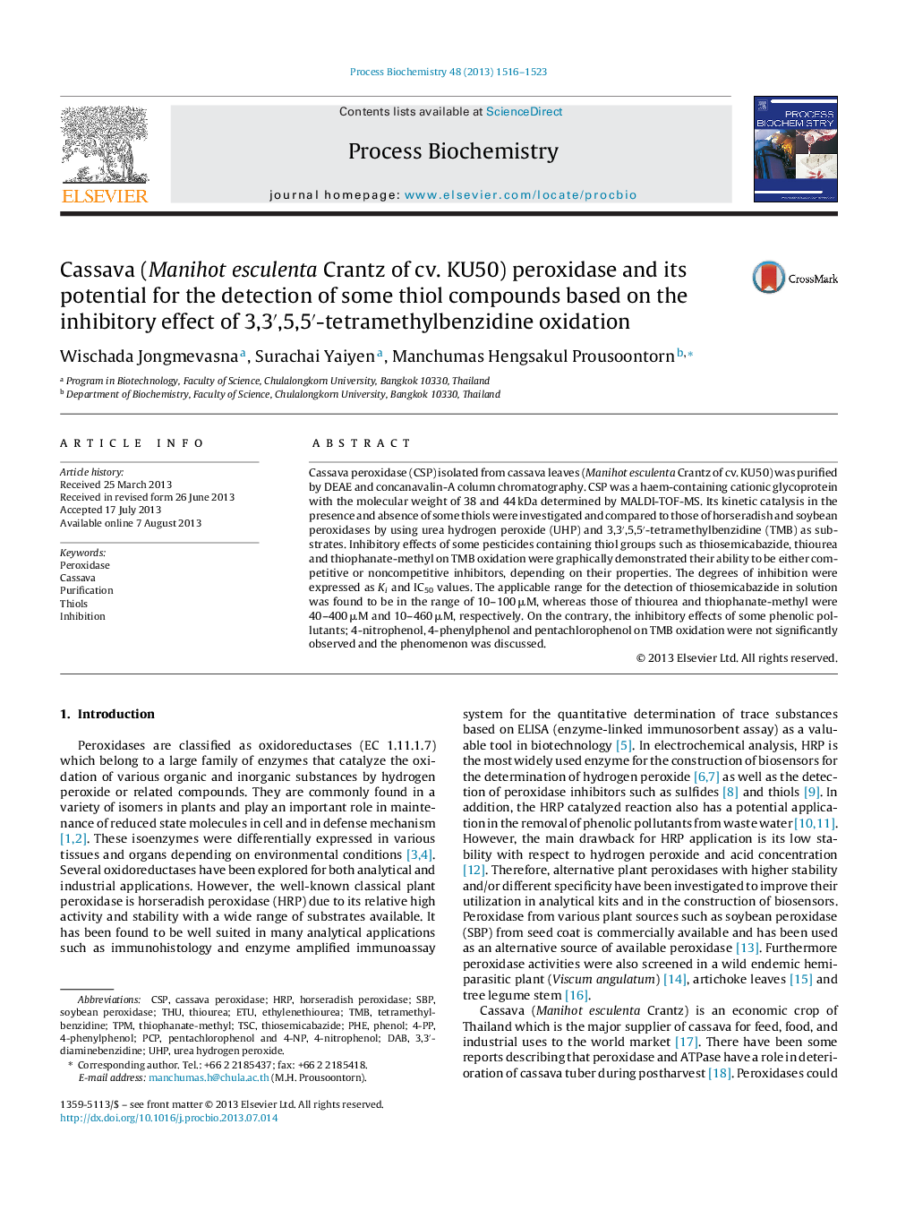 Cassava (Manihot esculenta Crantz of cv. KU50) peroxidase and its potential for the detection of some thiol compounds based on the inhibitory effect of 3,3′,5,5′-tetramethylbenzidine oxidation