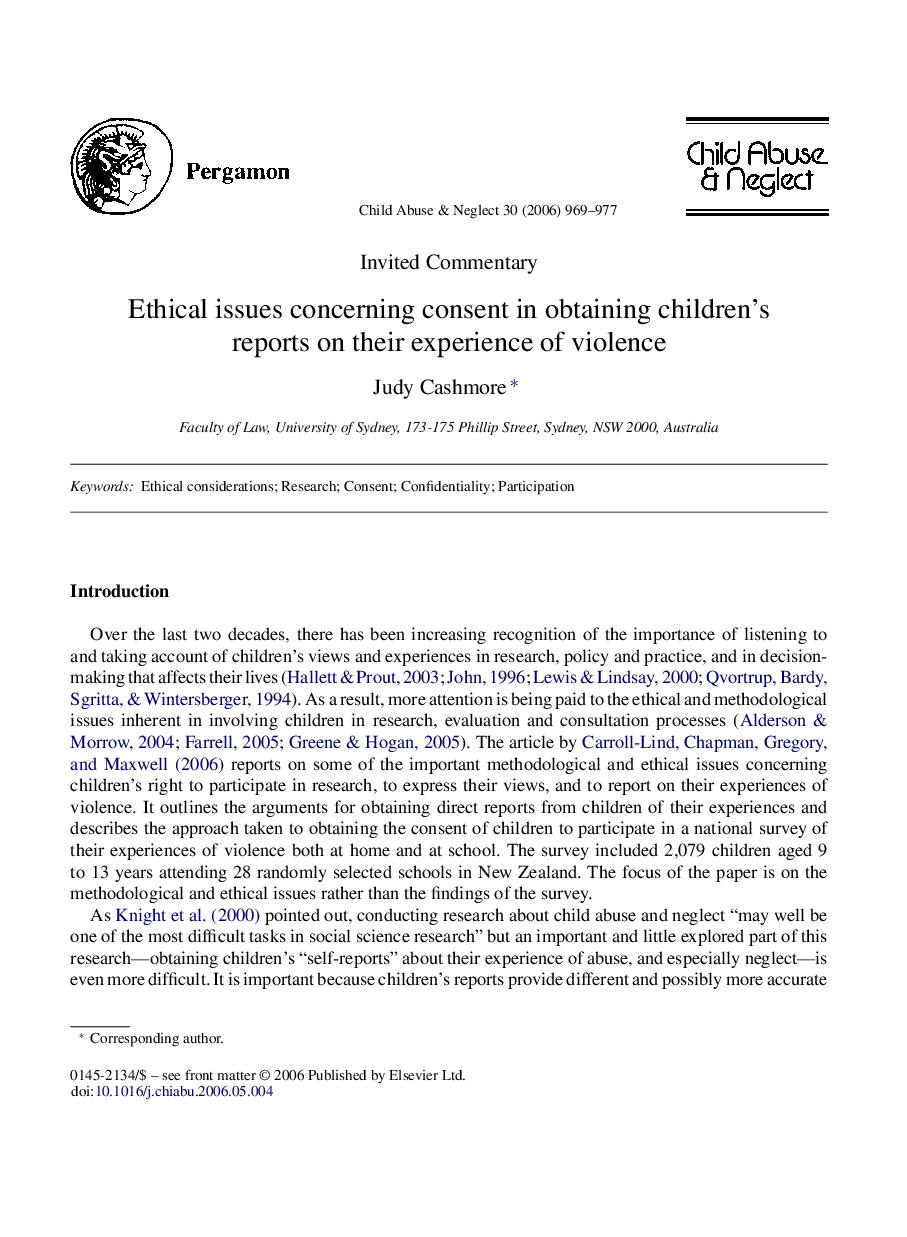 Ethical issues concerning consent in obtaining children's reports on their experience of violence