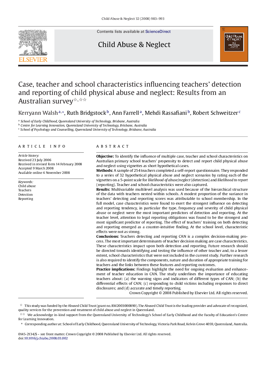 Case, teacher and school characteristics influencing teachers’ detection and reporting of child physical abuse and neglect: Results from an Australian survey 