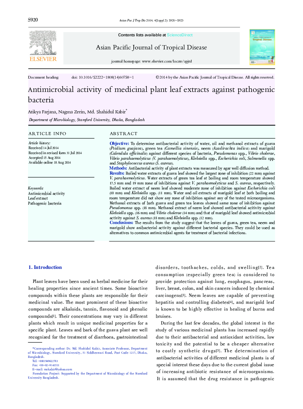 Antimicrobial activity of medicinal plant leaf extracts against pathogenic bacteria 