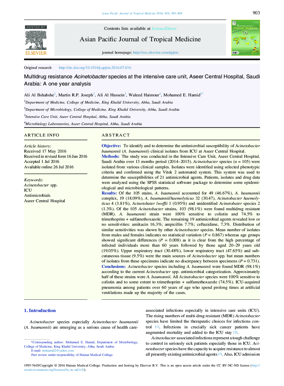 Multidrug resistance Acinetobacter species at the intensive care unit, Aseer Central Hospital, Saudi Arabia: A one year analysis 