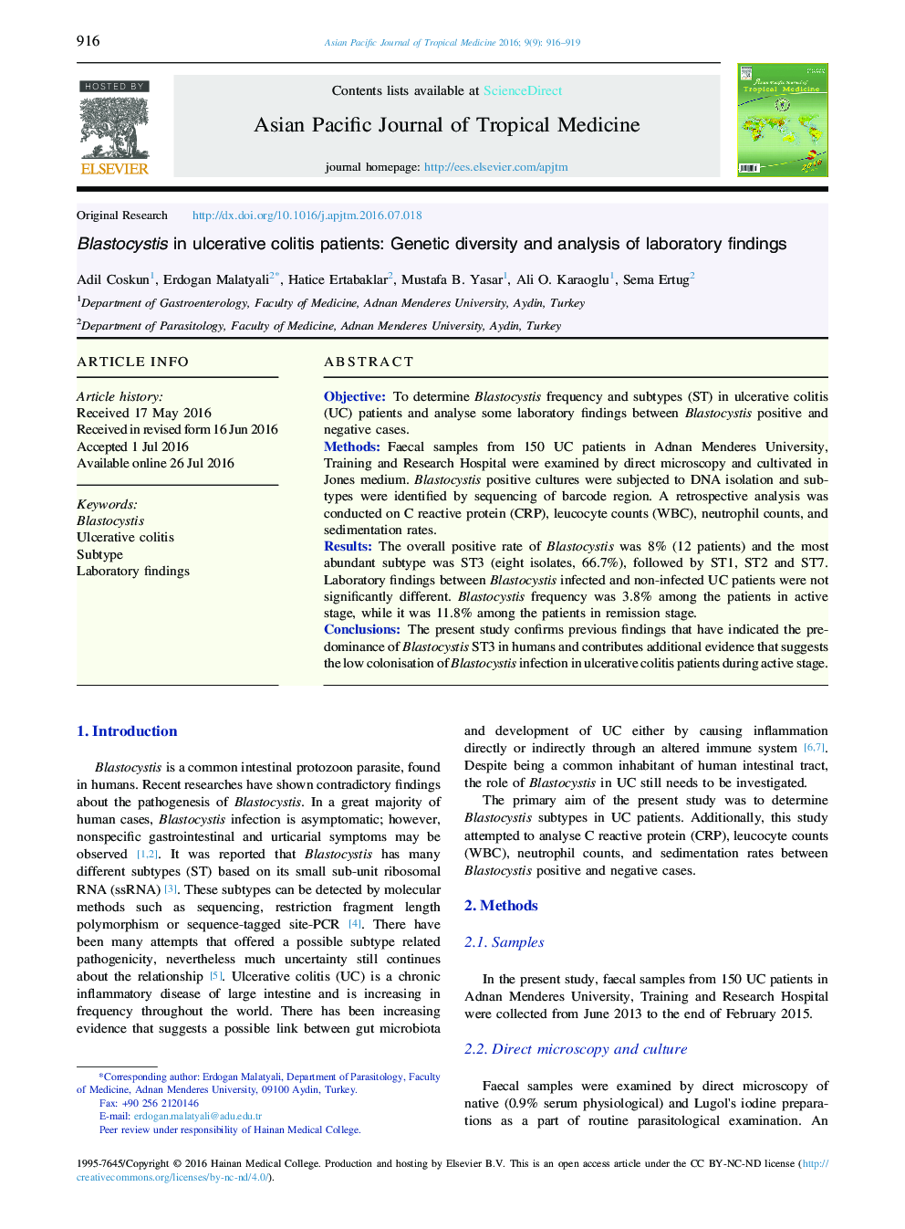 Blastocystis in ulcerative colitis patients: Genetic diversity and analysis of laboratory findings 