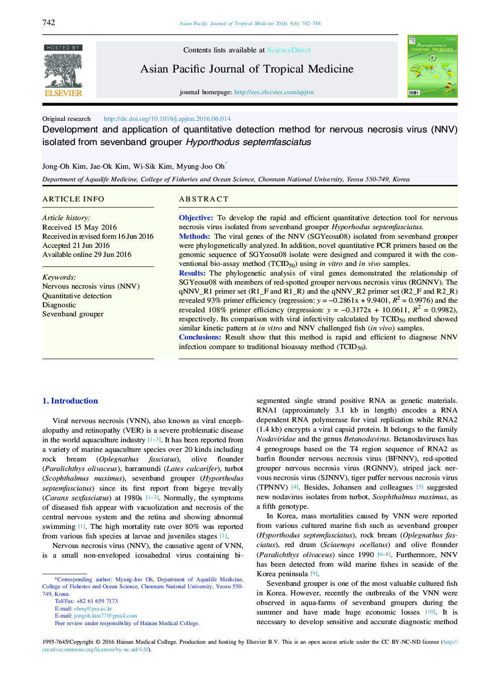 Development and application of quantitative detection method for nervous necrosis virus (NNV) isolated from sevenband grouper Hyporthodus septemfasciatus 