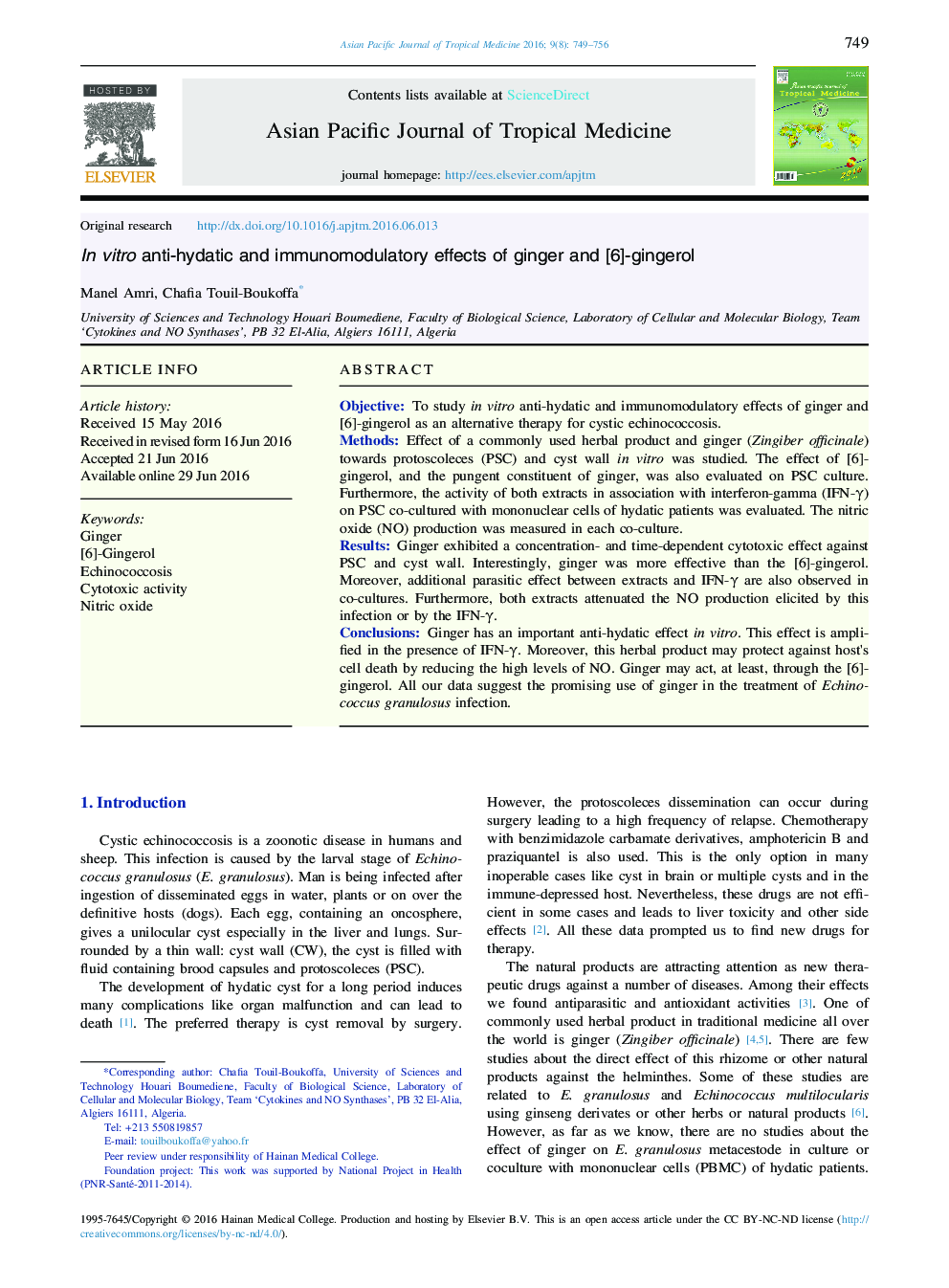 In vitro anti-hydatic and immunomodulatory effects of ginger and [6]-gingerol 