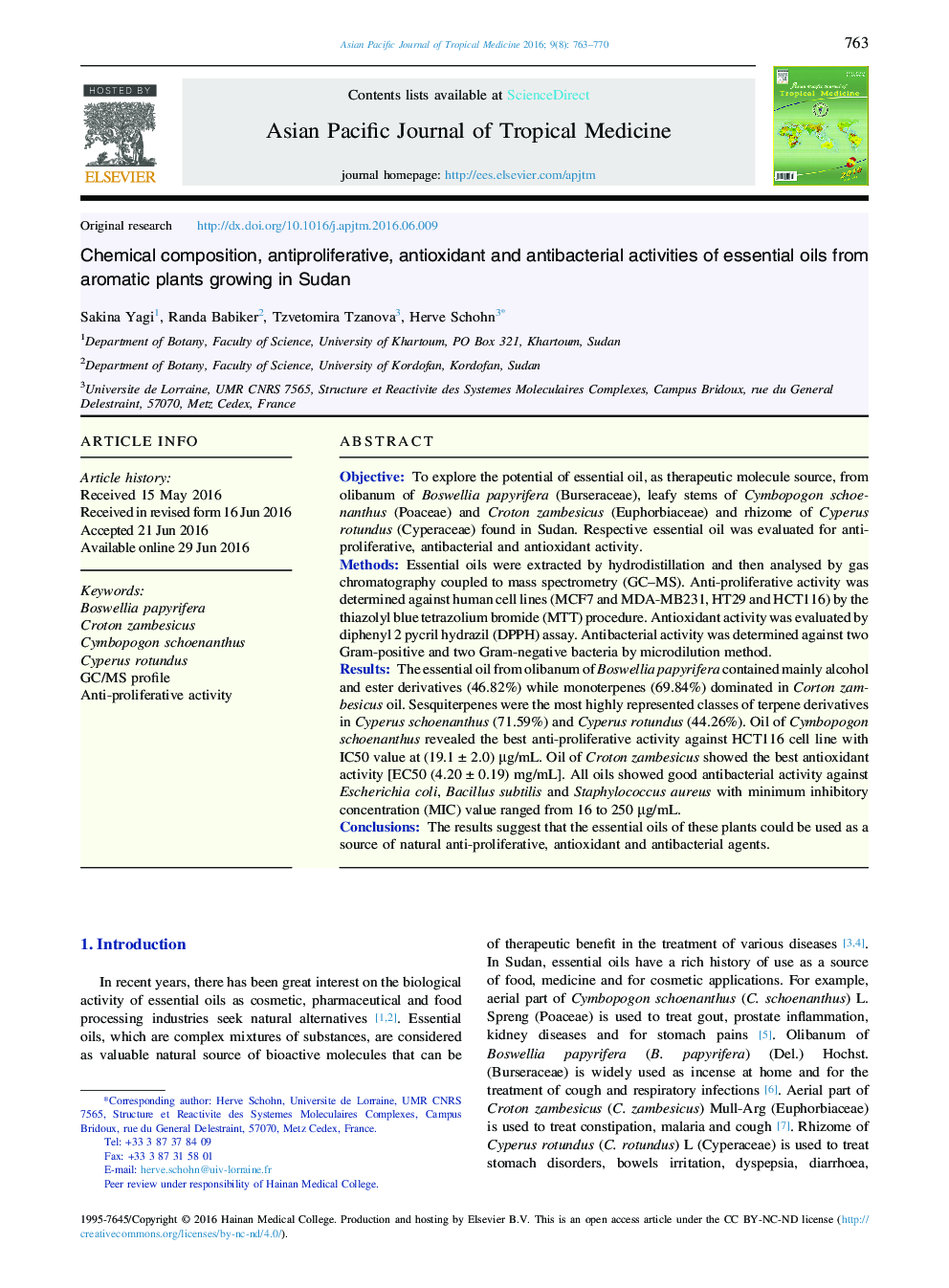 Chemical composition, antiproliferative, antioxidant and antibacterial activities of essential oils from aromatic plants growing in Sudan 