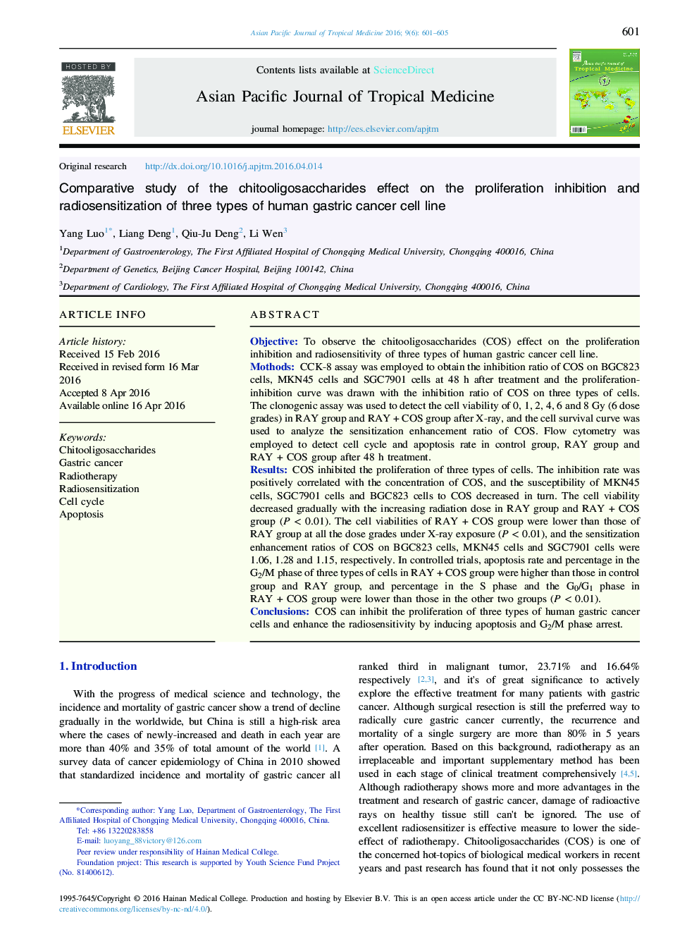 Comparative study of the chitooligosaccharides effect on the proliferation inhibition and radiosensitization of three types of human gastric cancer cell line 