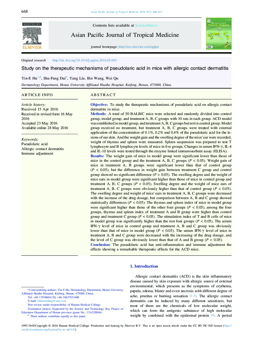 Study on the therapeutic mechanisms of pseudolaric acid in mice with allergic contact dermatitis 