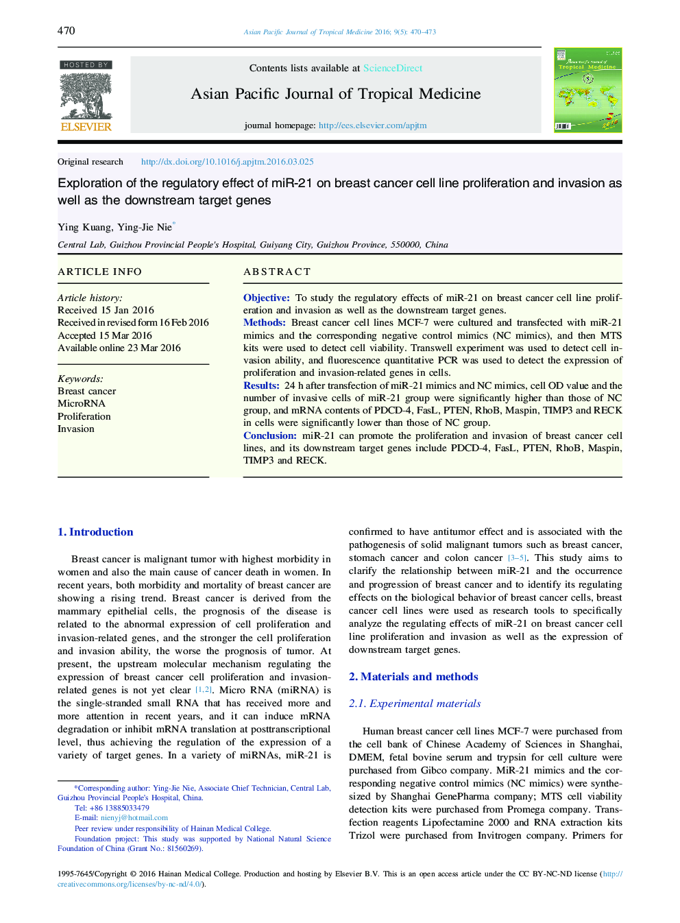 Exploration of the regulatory effect of miR-21 on breast cancer cell line proliferation and invasion as well as the downstream target genes 