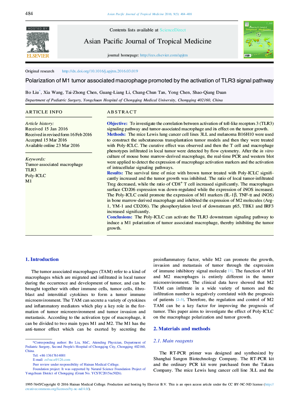 Polarization of M1 tumor associated macrophage promoted by the activation of TLR3 signal pathway 