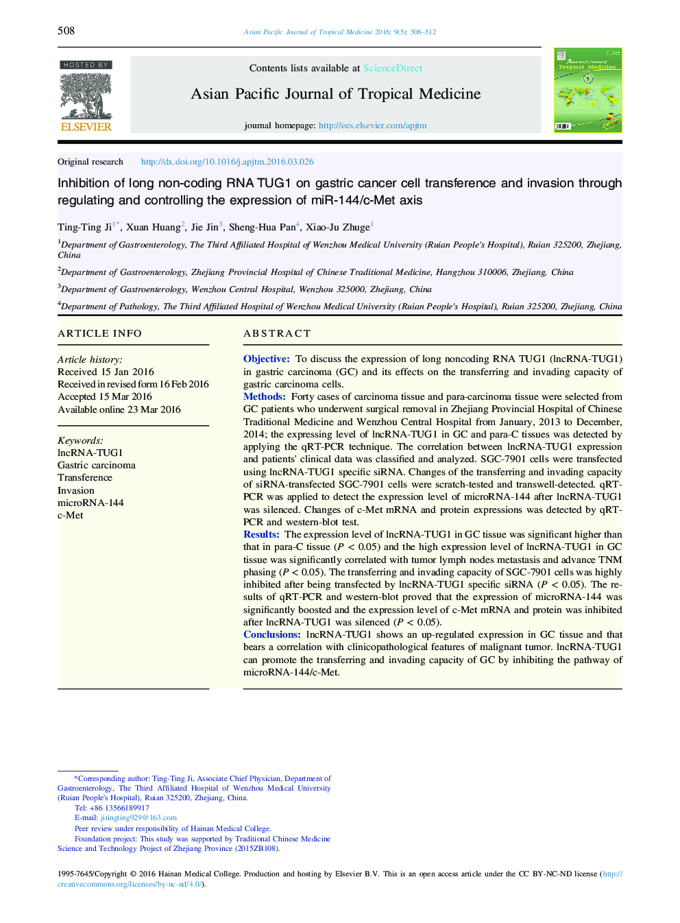 Inhibition of long non-coding RNA TUG1 on gastric cancer cell transference and invasion through regulating and controlling the expression of miR-144/c-Met axis 