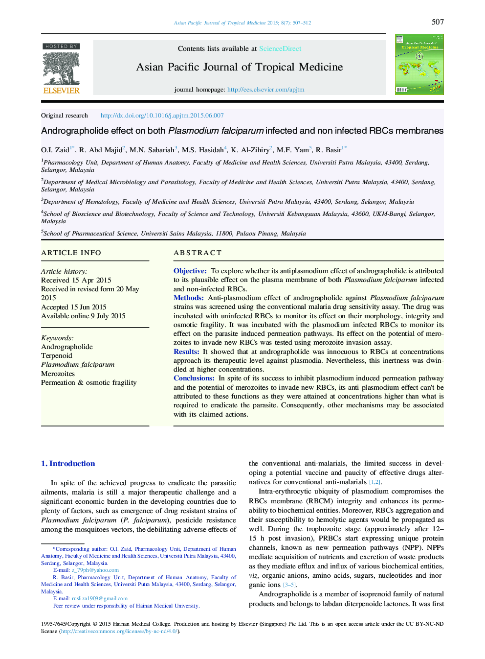 Andrographolide effect on both Plasmodium falciparum infected and non infected RBCs membranes 