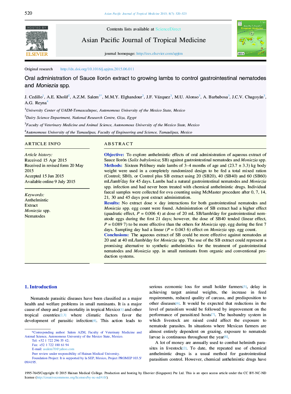 Oral administration of Sauce llorón extract to growing lambs to control gastrointestinal nematodes and Moniezia spp. 