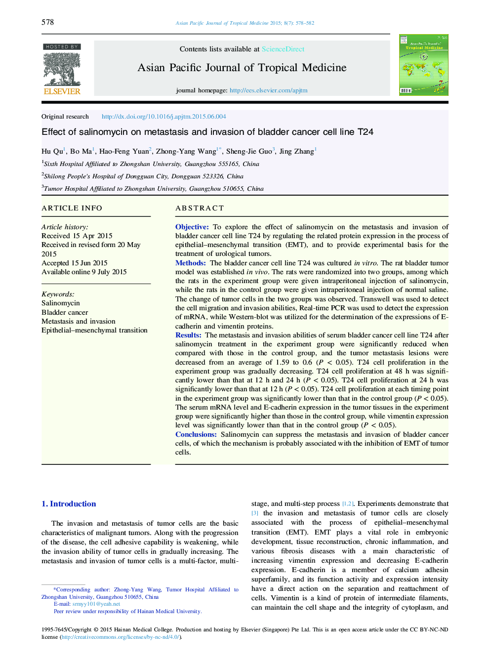 Effect of salinomycin on metastasis and invasion of bladder cancer cell line T24 