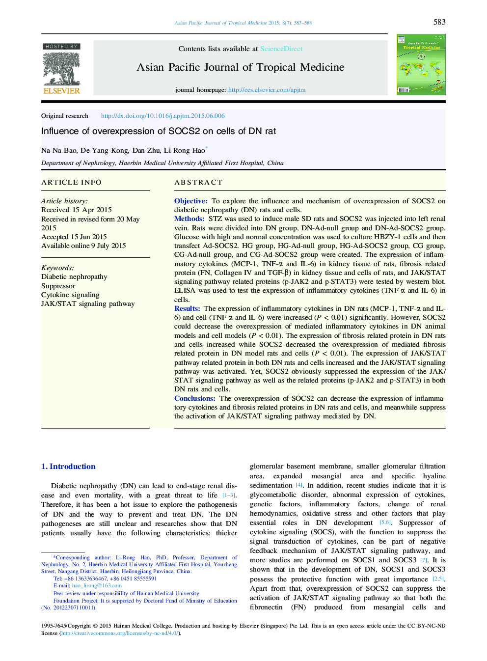 Influence of overexpression of SOCS2 on cells of DN rat 