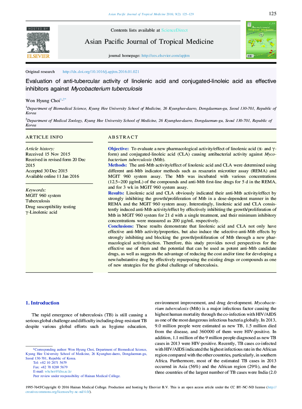 ارزیابی فعالیت ضد قارچی اسید لینولنیک و اسید کانولوئید-لینولئیک به عنوان مهار کننده های موثر در برابر میکوباکتریوم توبرکلوزیس 