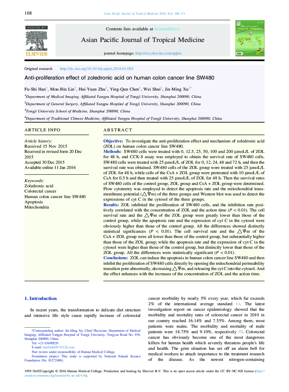 Anti-proliferation effect of zoledronic acid on human colon cancer line SW480 