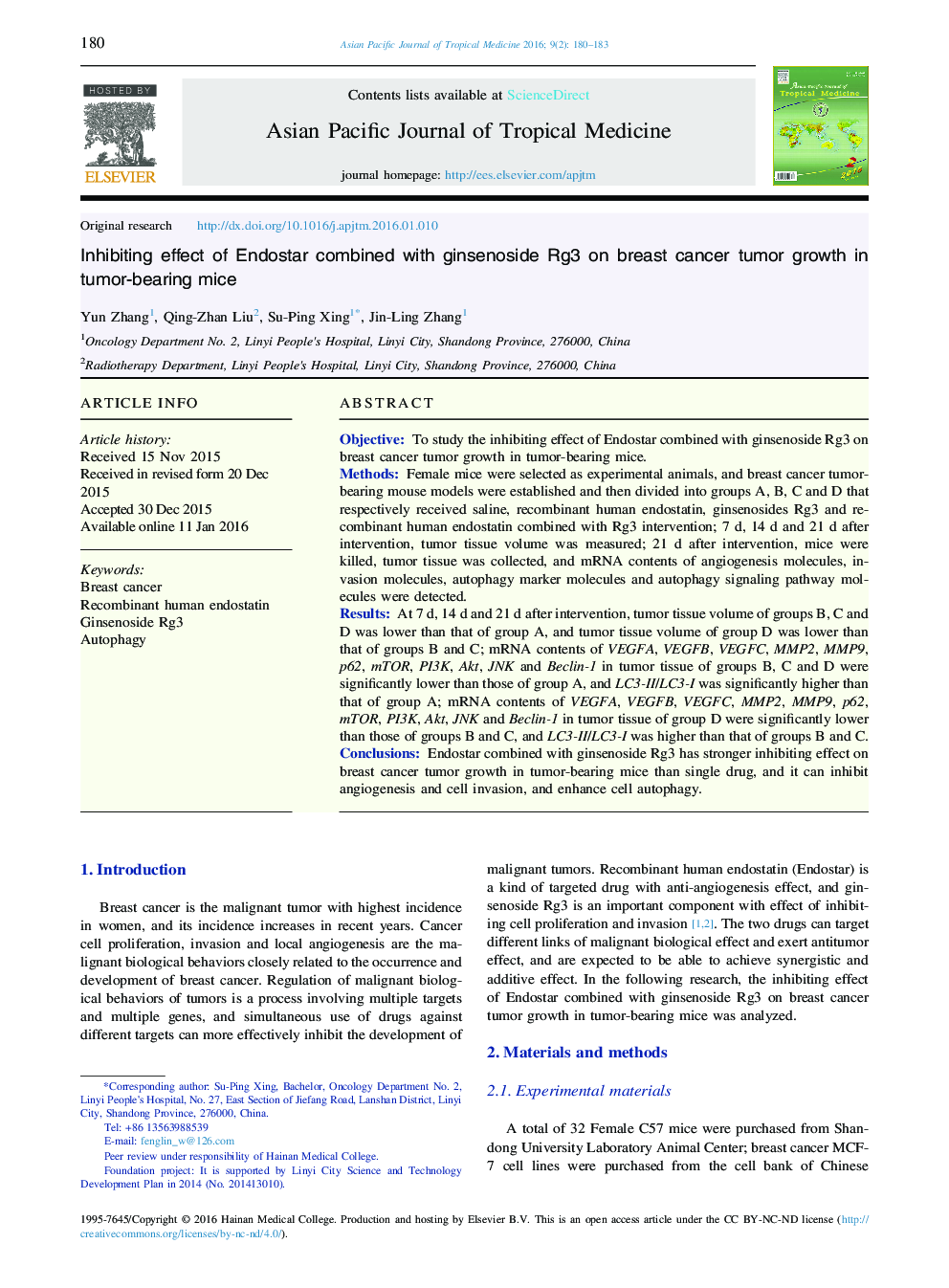 Inhibiting effect of Endostar combined with ginsenoside Rg3 on breast cancer tumor growth in tumor-bearing mice 