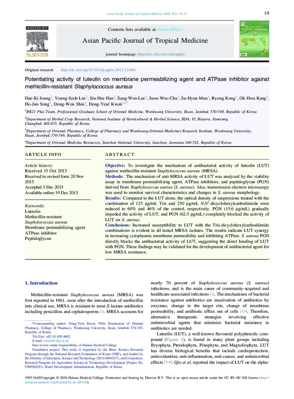 Potentiating activity of luteolin on membrane permeabilizing agent and ATPase inhibitor against methicillin-resistant Staphylococcus aureus 