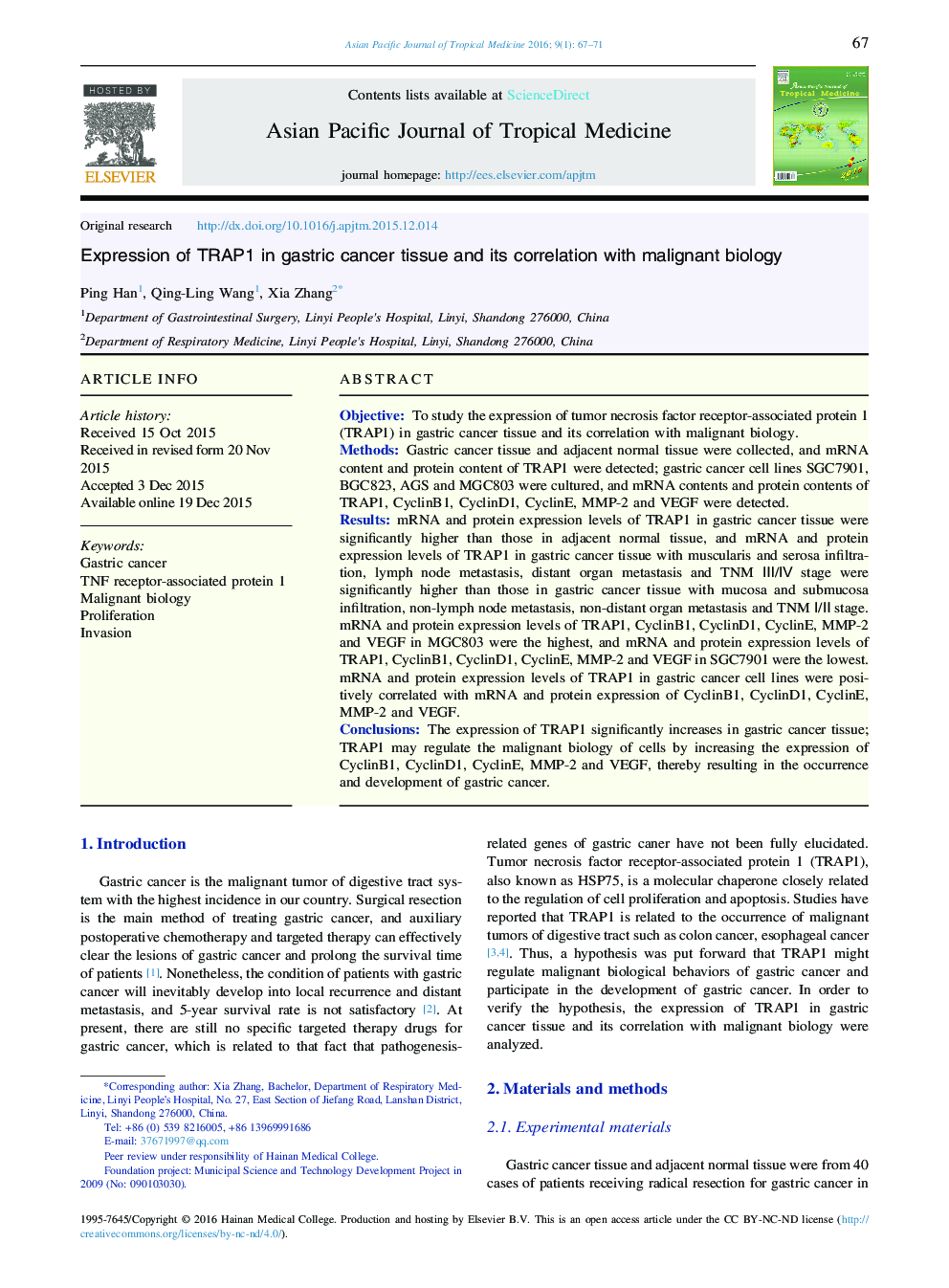 Expression of TRAP1 in gastric cancer tissue and its correlation with malignant biology 