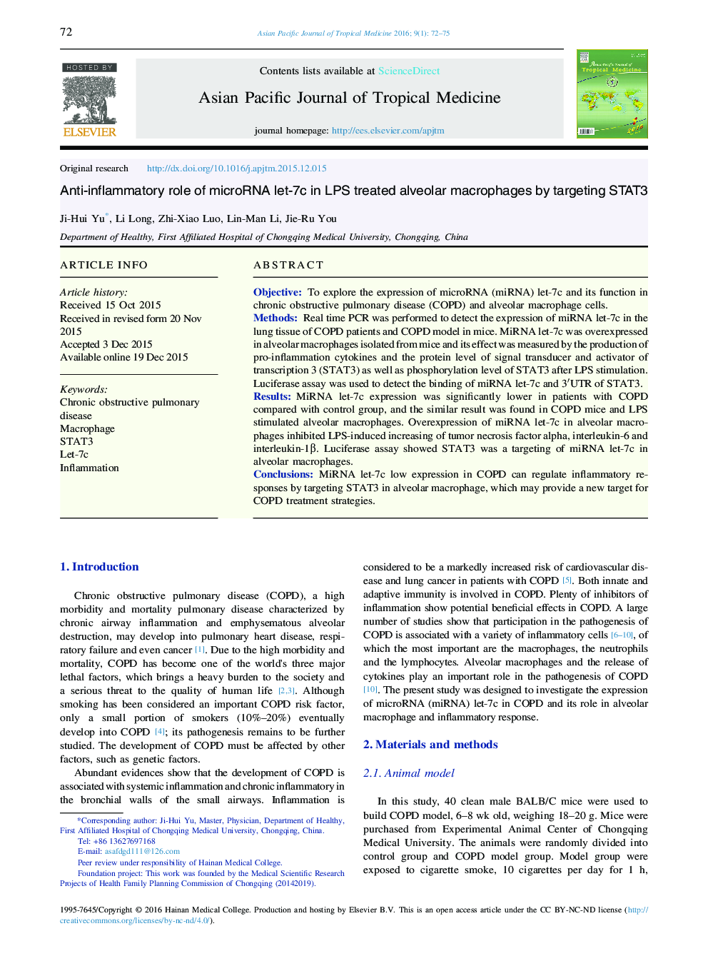 Anti-inflammatory role of microRNA let-7c in LPS treated alveolar macrophages by targeting STAT3 