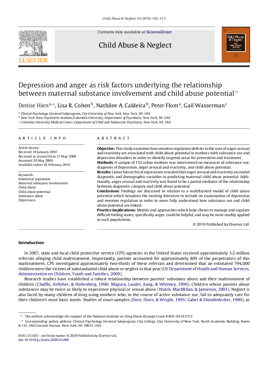 Depression and anger as risk factors underlying the relationship between maternal substance involvement and child abuse potential 