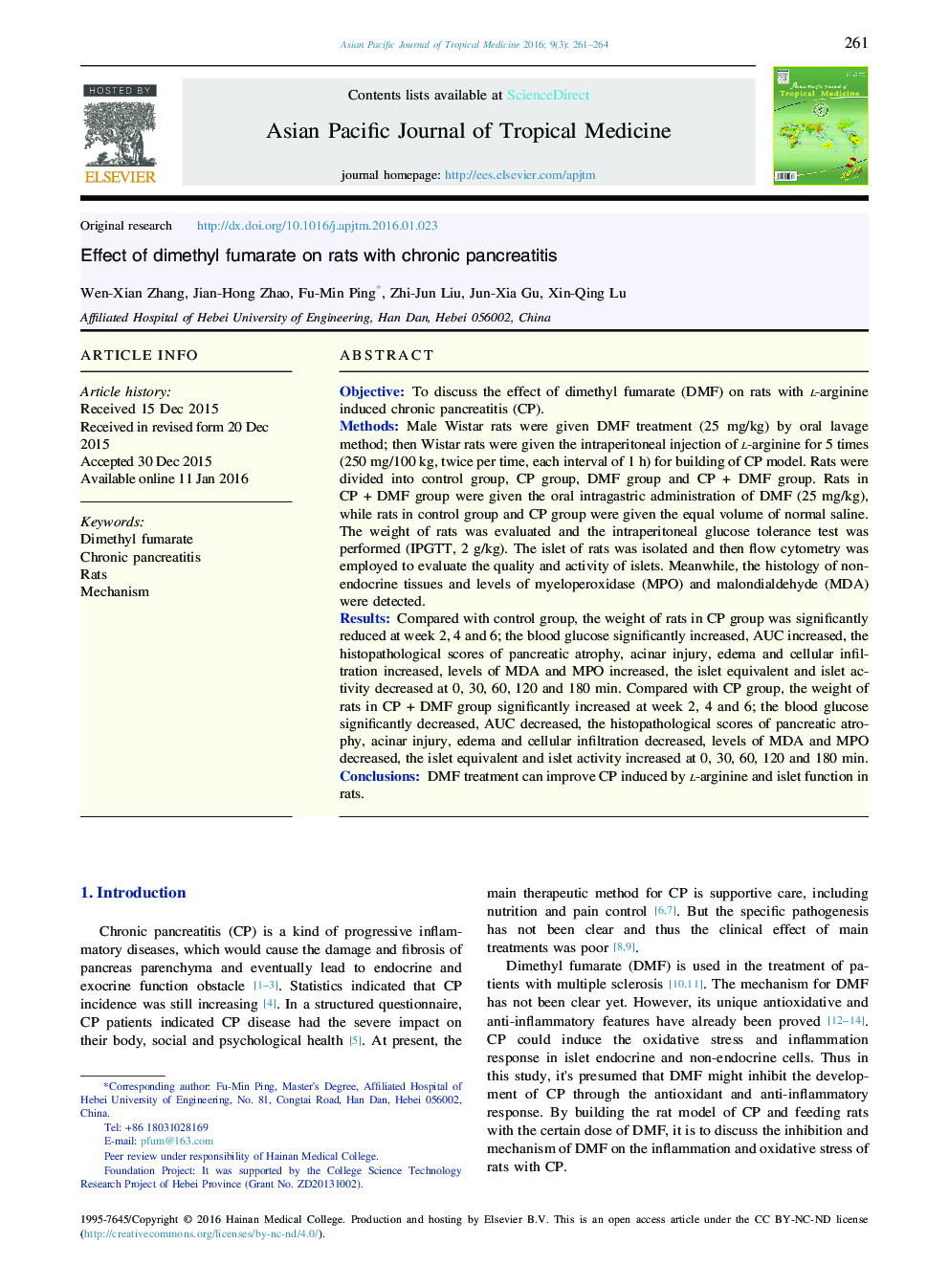 Effect of dimethyl fumarate on rats with chronic pancreatitis 