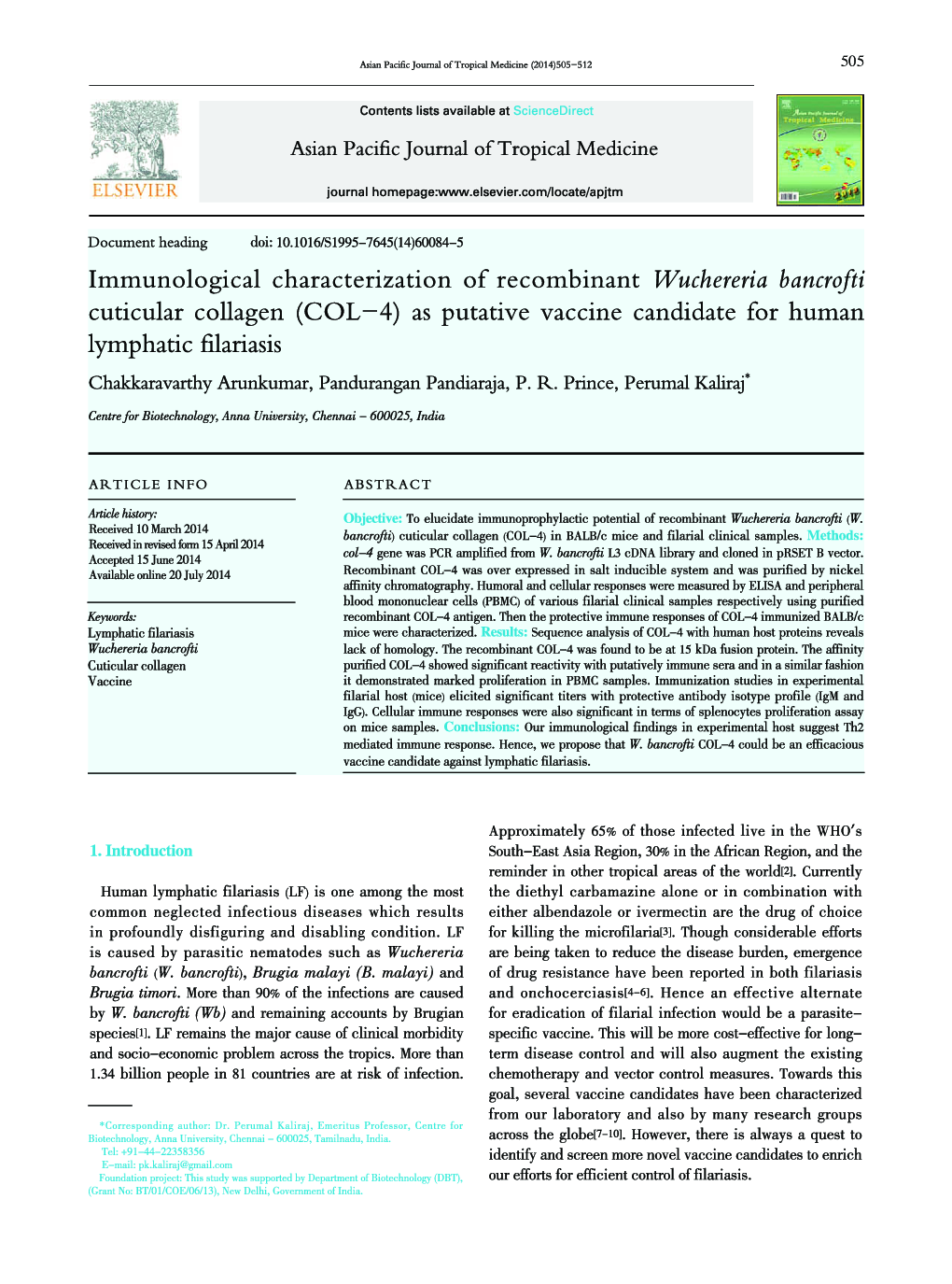 Immunological characterization of recombinant Wuchereria bancrofti cuticular collagen (COL-4) as putative vaccine candidate for human lymphatic filariasis 