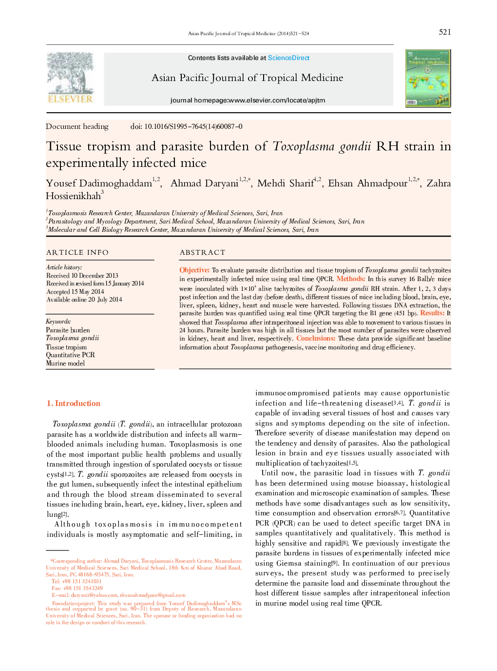 Tissue tropism and parasite burden of Toxoplasma gondii RH strain in experimentally infected mice 