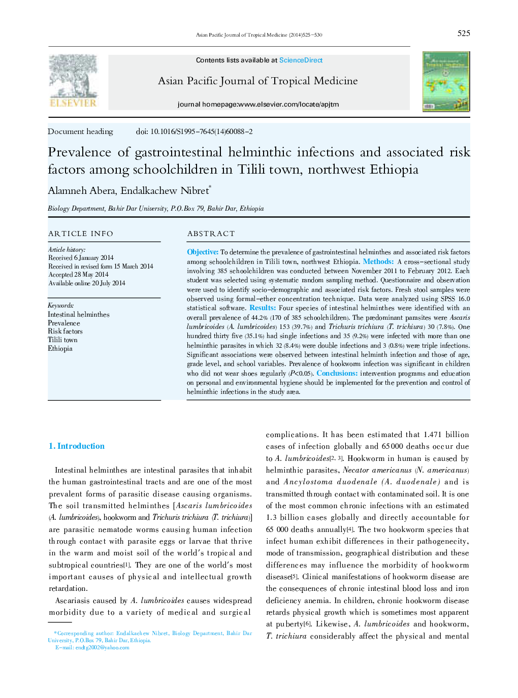 Prevalence of gastrointestinal helminthic infections and associated risk factors among schoolchildren in Tilili town, northwest Ethiopia 