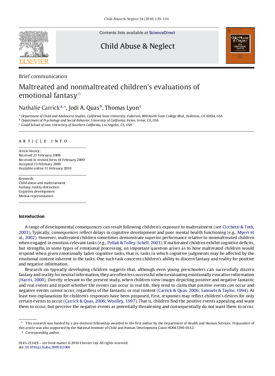 Maltreated and nonmaltreated children's evaluations of emotional fantasy