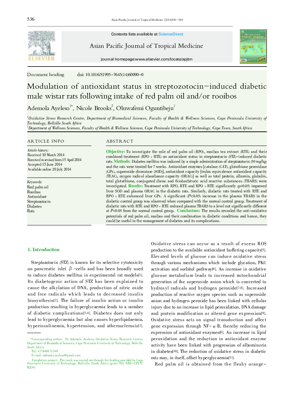 Modulation of antioxidant status in streptozotocin-induced diabetic male wistar rats following intake of red palm oil and/or rooibos 